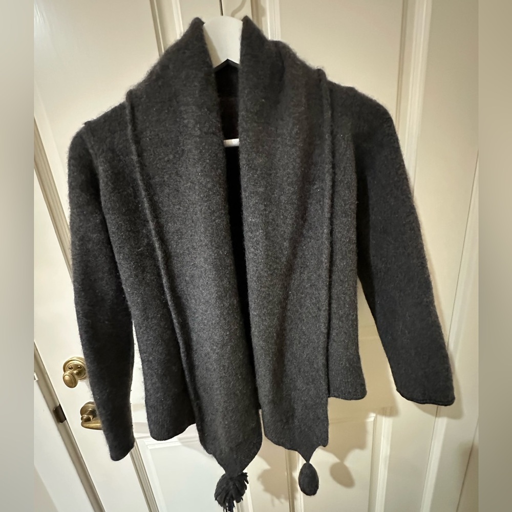 100% CASHMERE Open Front Cardigan Sweater Top Pom Pom Detail Gray